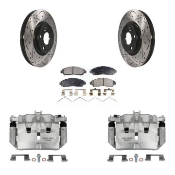 Front Disc Brake Coated Caliper Drill Slot Rotor Semi-Metallic Pad Kit For Acura MDX ZDX KCD-100176P