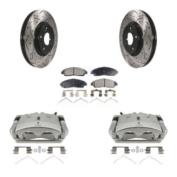 Front Brake Caliper Drill Slotted Rotors Semi-Metallic Pad Kit For 2009-2015 Honda Pilot KCD-100177P