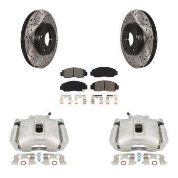 Front Disc Brake Coated Caliper Drill Slot Rotors Semi-Metallic Pad Kit For Honda Accord KCD-100184S