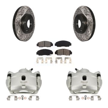 Front Brake Caliper Drill Slotted Rotor Semi-Metallic Pad Kit For 2007 Honda Accord 2.4L KCD-100188S