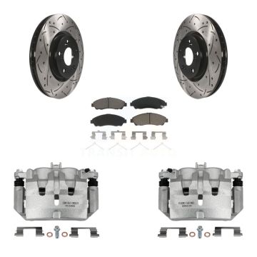 Front Disc Brake Coated Caliper Drilled Slotted Rotors Ceramic Pad Kit For Acura MDX ZDX KCD-100210C