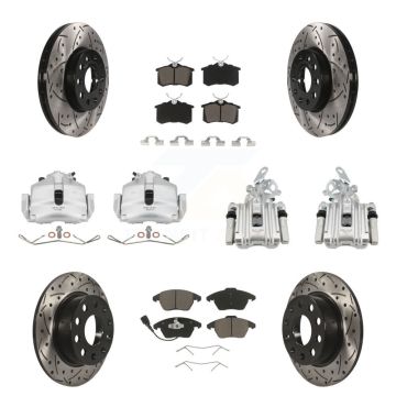 Front Rear Brake Caliper Drill Slotted Rotor Ceramic Pad Kit (10Pc) For Volkswagen Jetta KCD-100220C