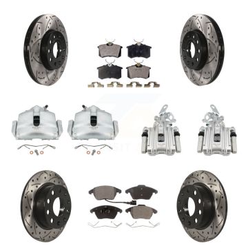 Front Rear Disc Brake Coated Caliper Drilled Slot Rotor Semi-Metallic Pad Kit (10Pc) For KCD-100248P
