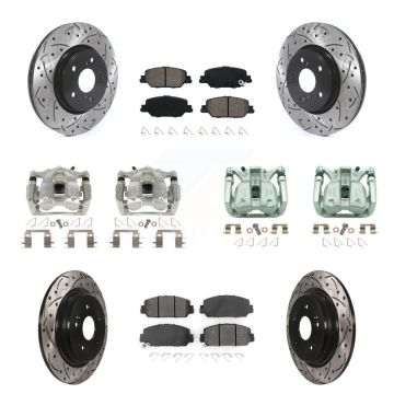 Front Rear Brake Caliper Drill Slotted Rotor Semi-Metallic Pad Kit (10Pc) For Honda CR-V KCD-100248S