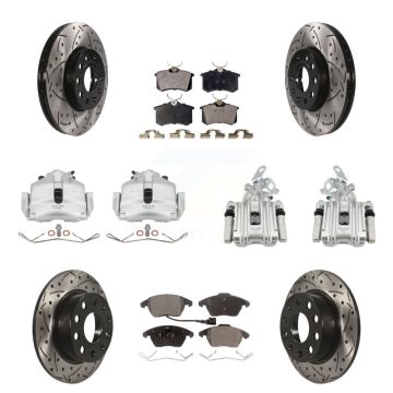 Front Rear Brake Caliper Drill Slotted Rotor Semi-Metallic Pad Kit (10Pc) For Volkswagen KCD-100252P