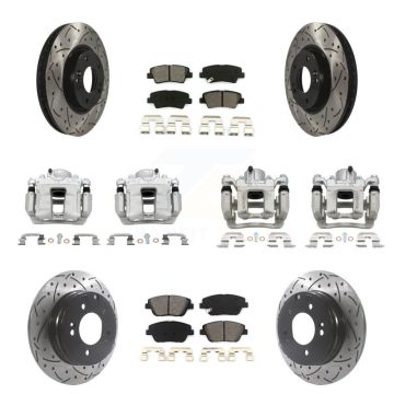 Front Rear Brake Caliper Drilled Slot Rotor Semi-Metallic Pad Kit (10Pc) For Hyundai Kia KCD-100260S