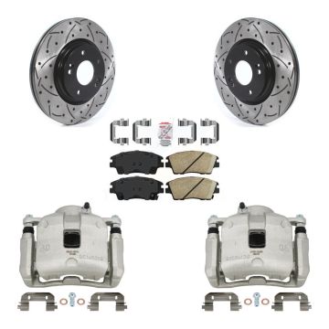 Front Brake Caliper Drill Slotted Rotors Ceramic Pad Kit For Hyundai Tucson Kia Sportage KCD-100272N