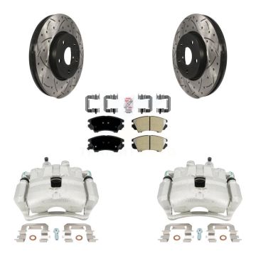 Front Brake Coated Caliper Drilled Slot Rotor Semi-Metallic Pad Kit For Chevrolet Camaro KCD-100276N