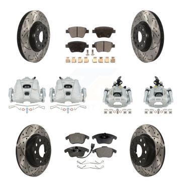 Front Rear Disc Brake Coated Caliper Drilled Slot Rotor Semi-Metallic Pad Kit (10Pc) For KCD-100277P