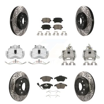 Front Rear Brake Caliper Drilled Slot Rotor Ceramic Pad Kit (10Pc) For Volkswagen Rabbit KCD-100298C
