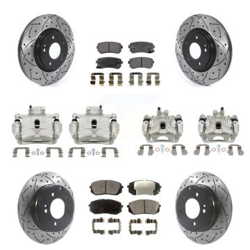 Front Rear Disc Brake Coated Caliper Drilled Slot Rotor Semi-Metallic Pad Kit (10Pc) For KCD-100334P