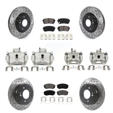 Front Rear Disc Brake Coated Caliper Drilled Slot Rotor Semi-Metallic Pad Kit (10Pc) For KCD-100346S