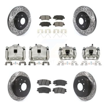 Front Rear Brake Caliper Drilled Slot Rotor Semi-Metallic Pad Kit (10Pc) For Hyundai Kia KCD-100352S