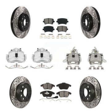 Front Rear Disc Brake Coated Caliper Drilled Slot Rotor Semi-Metallic Pad Kit (10Pc) For KCD-100366S