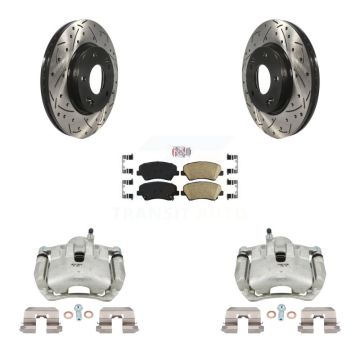 Front Brake Caliper Drill Slotted Rotor Ceramic Pad Kit For Hyundai Elantra GT Kia Forte KCD-100367N