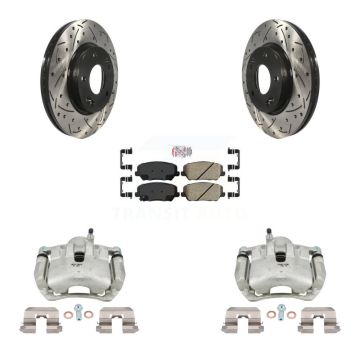 Front Disc Brake Coated Caliper Drilled Slot Rotor Ceramic Pad Kit For 2014 Kia Forte LX KCD-100374N