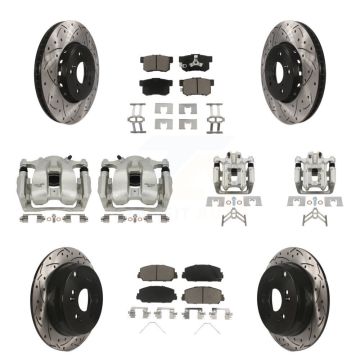 Front Rear Brake Caliper Drill Slot Rotor Ceramic Pad Kit (10Pc) For 2016-2018 Acura RDX KCD-100377C