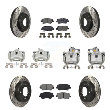 Front Rear Brake Caliper Drill Slotted Rotor Semi-Metallic Pad Kit (10Pc) For Hyundai GT KCD-100407S