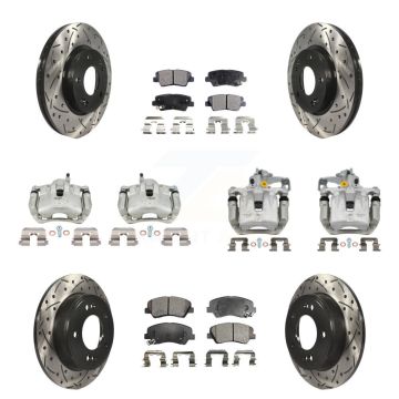 Front Rear Brake Caliper Drill Slotted Rotor Semi-Metallic Pad Kit (10Pc) For Hyundai GT KCD-100412P