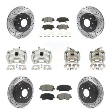 Front Rear Brake Coat Caliper Drill Slot Rotors Semi-Metallic Pad Kit (10Pc) For Kia Rio KCD-100413S