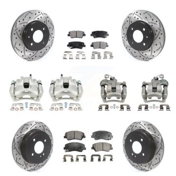 Front Rear Disc Brake Coated Caliper Drilled Slot Rotor Semi-Metallic Pad Kit (10Pc) For KCD-100421P