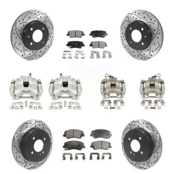 Front Rear Brake Coat Caliper Drill Slot Rotors Semi-Metallic Pad Kit (10Pc) For Kia Rio KCD-100423P