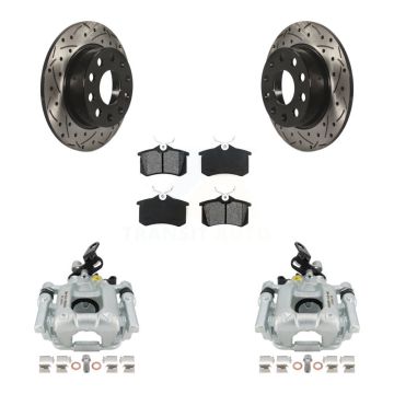 Rear Brake Caliper Drill Slotted Rotor Semi-Metallic Pad Kit For Volkswagen Jetta Beetle KCD-100435S