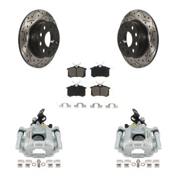 Rear Brake Coated Caliper Drilled Slot Rotor Ceramic Pad Kit For Volkswagen Jetta Beetle KCD-100439C