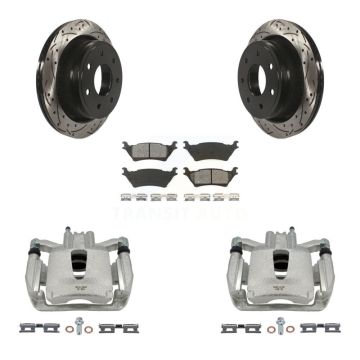 Rear Disc Brake Coated Caliper Drill Slotted Rotors Semi-Metallic Pad Kit For Ford F-150 KCD-100446S