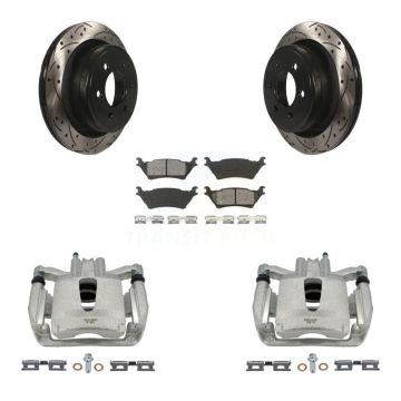 Rear Disc Brake Coated Caliper Drill Slotted Rotors Semi-Metallic Pad Kit For Ford F-150 KCD-100447S