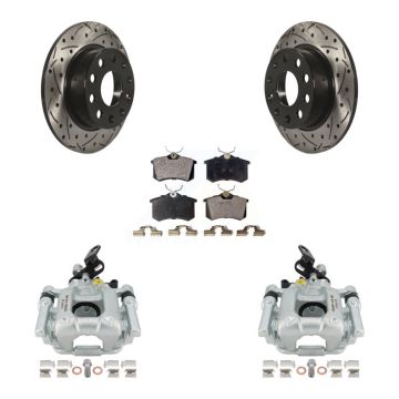 Rear Brake Coated Caliper Drilled Slot Rotor Ceramic Pad Kit For Volkswagen Jetta Beetle KCD-100449T