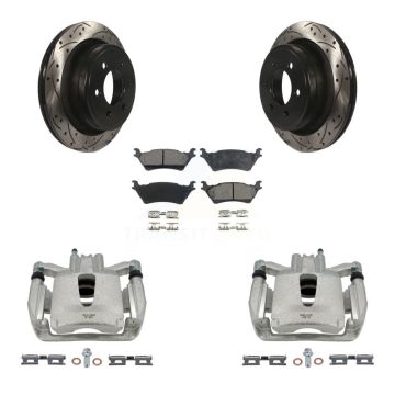 Rear Disc Brake Coated Caliper Drill Slotted Rotors Semi-Metallic Pad Kit For Ford F-150 KCD-100457P