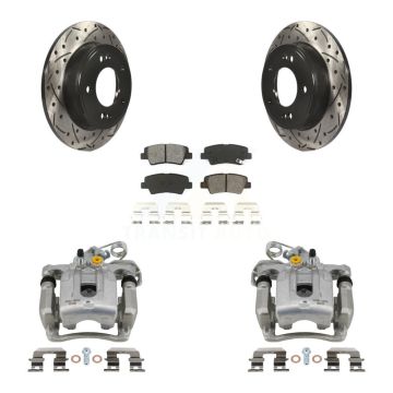 Rear Brake Coat Caliper Drill Slot Rotor Semi-Metallic Pad Kit For Hyundai Elantra Coupe KCD-100552S