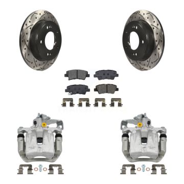 Rear Brake Caliper Drilled Slot Rotor Semi-Metallic Pad Kit For Hyundai Veloster Elantra KCD-100556S