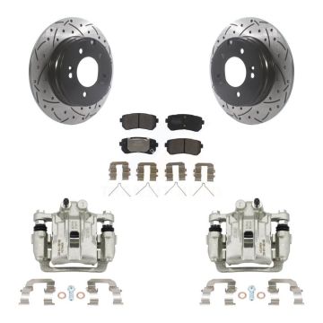 Rear Brake Caliper Drill Slot Rotors Semi-Metallic Pad Kit For Hyundai Sonata Kia Optima KCD-100563P