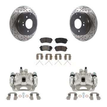 Rear Brake Caliper Drill Slot Rotors Semi-Metallic Pad Kit For Hyundai Sonata Kia Optima KCD-100564P