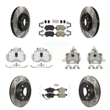 Front Rear Disc Brake Coated Caliper Drill Slotted Rotors Ameribrakes Pad Kit (10Pc) For KCD-100569N