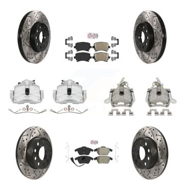 Front Rear Disc Brake Coated Caliper Drill Slotted Rotors Ameribrakes Pad Kit (10Pc) For KCD-100570N