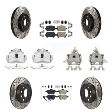 Front Rear Disc Brake Coated Caliper Drill Slotted Rotors Ameribrakes Pad Kit (10Pc) For KCD-100571N