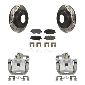 Rear Brake Caliper Drilled Slot Rotor Semi-Metallic Pad Kit For Hyundai Veloster Elantra KCD-100571P