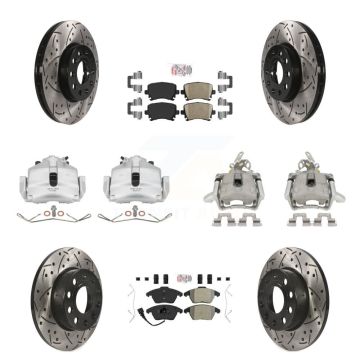 Front Rear Disc Brake Coated Caliper Drill Slotted Rotors Ameribrakes Pad Kit (10Pc) For KCD-100572N