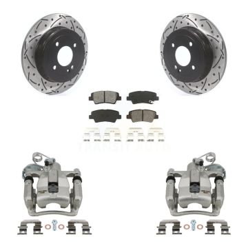 Rear Brake Caliper Drilled Slot Rotor Semi-Metallic Pad Kit For 2012-2016 Hyundai Accent KCD-100578S