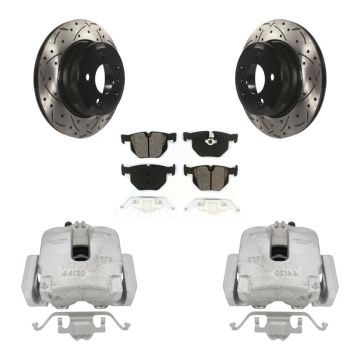 Rear Disc Brake Coated Caliper Drilled Slotted Rotor Semi-Metallic Pad Kit For BMW X5 X6 KCD-100581S