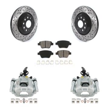 Rear Brake Caliper Drill Slotted Rotors Semi-Metallic Pad Kit For Volkswagen GTI Audi A3 KCD-100606S