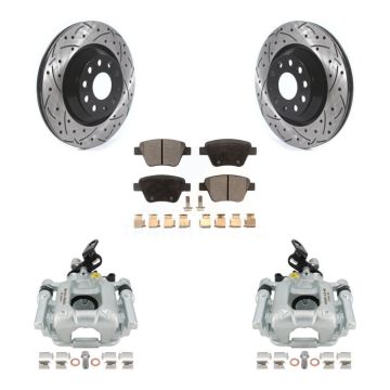 Rear Brake Caliper Drill Slotted Rotors Semi-Metallic Pad Kit For Volkswagen GTI Audi A3 KCD-100620P