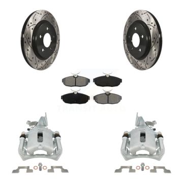 Rear Disc Brake Coated Caliper Drilled Slot Rotor Semi-Metallic Pad Kit For Ford Mustang KCD-100634S