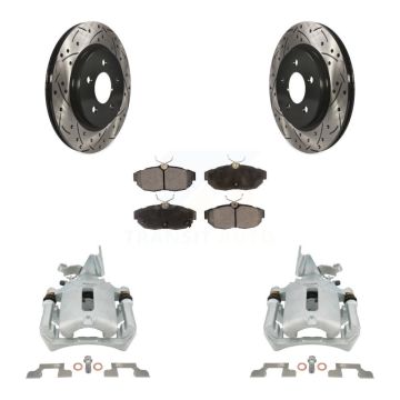 Rear Disc Brake Coated Caliper Drilled Slot Rotor Semi-Metallic Pad Kit For Ford Mustang KCD-100648P