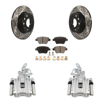 Rear Brake Coated Caliper Drill Slotted Rotor Semi-Metallic Pad Kit For Volkswagen Jetta KCD-100653P
