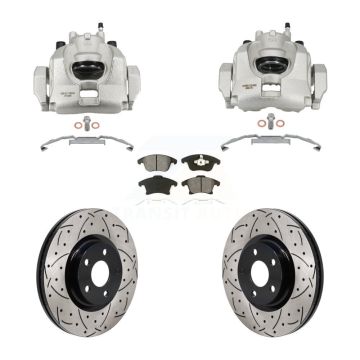 Front Disc Brake Coated Caliper Drilled Slot Rotor Semi-Metallic Pad Kit For Lincoln MKZ KCD-100672S