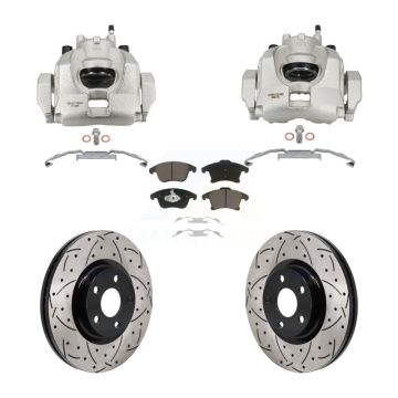 Front Disc Brake Coated Caliper Drilled Slotted Rotors & Ceramic Pad Kit For Lincoln MKZ KCD-100679C